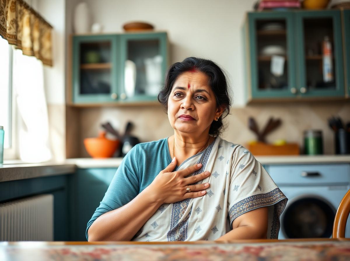 Woman feeling palpitations at her kitchen table