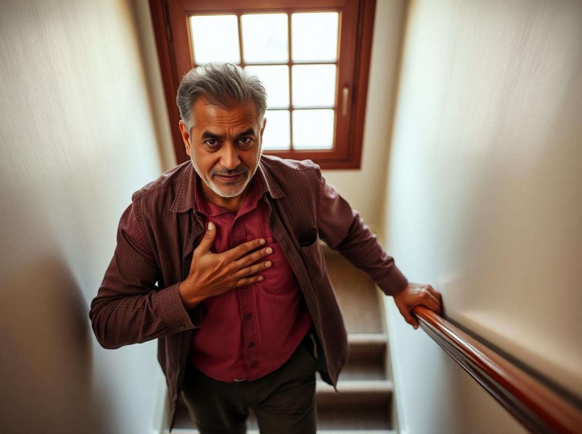 Man with chest tightness while climbing stairs