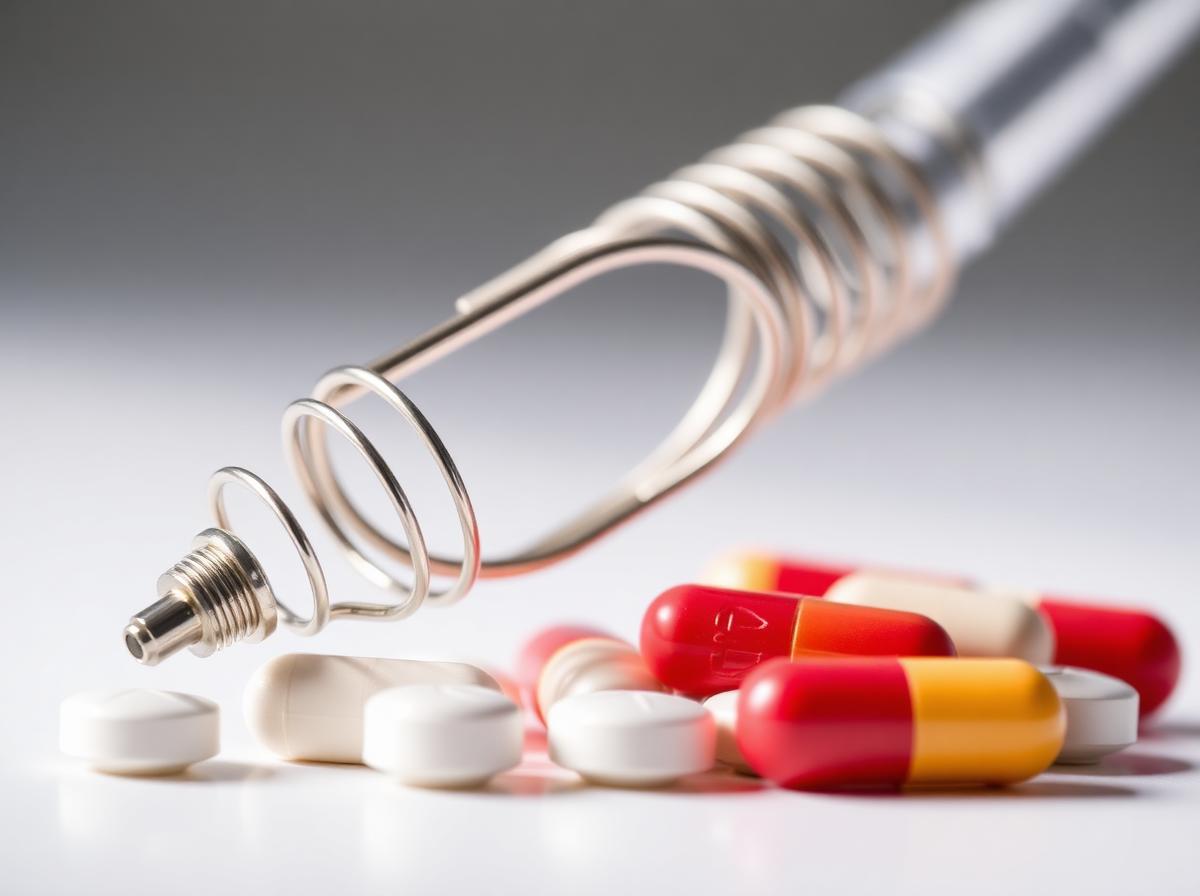 Coronary stent on balloon catheter beside cardiac medicines