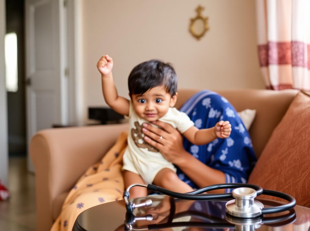 Indian infant being held with a stethoscope nearby