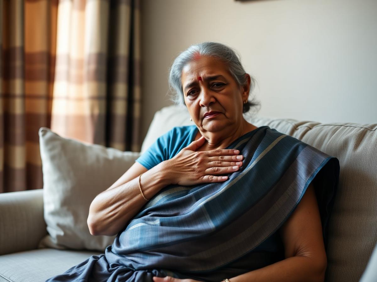 Older Indian woman with chest discomfort at home