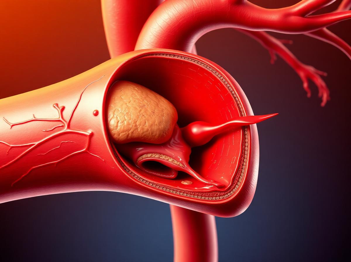 Ruptured plaque and blood clot blocking a coronary artery