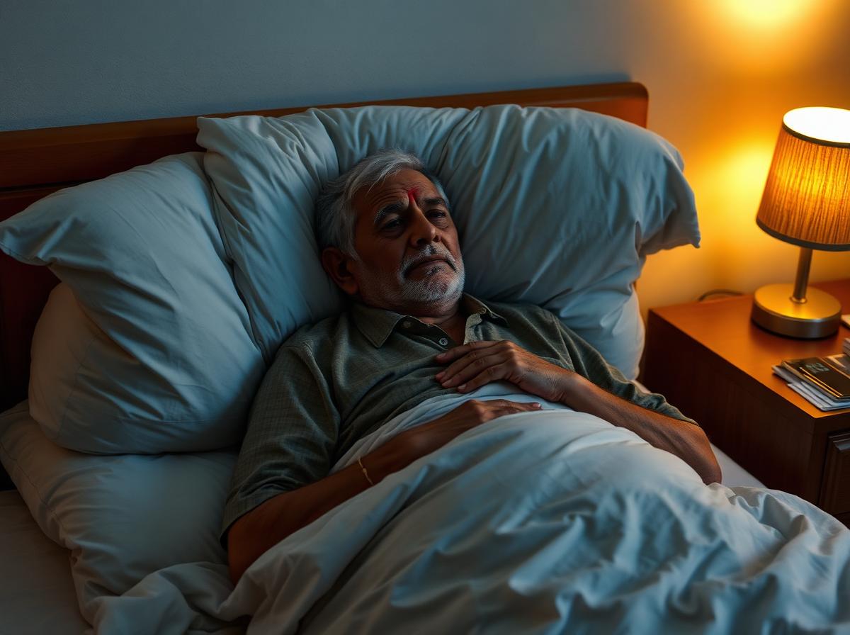 Elderly man propped on pillows breathless at night