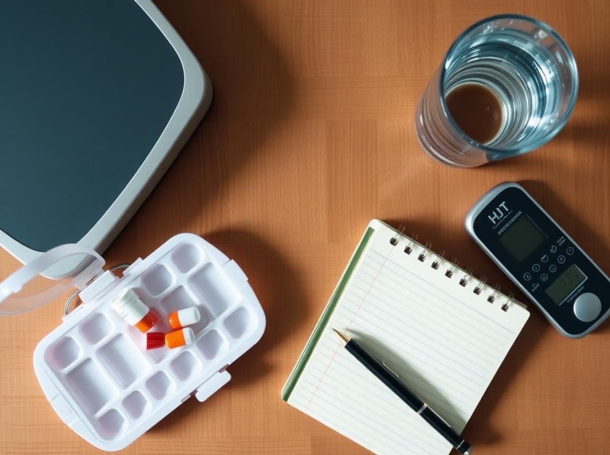 Pill organiser, weighing scale and notes for heart failure self-care