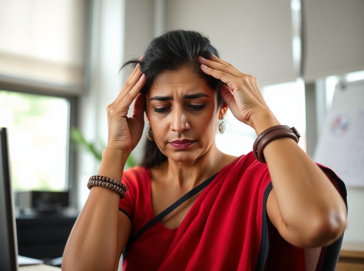 Woman with a tension headache at her desk