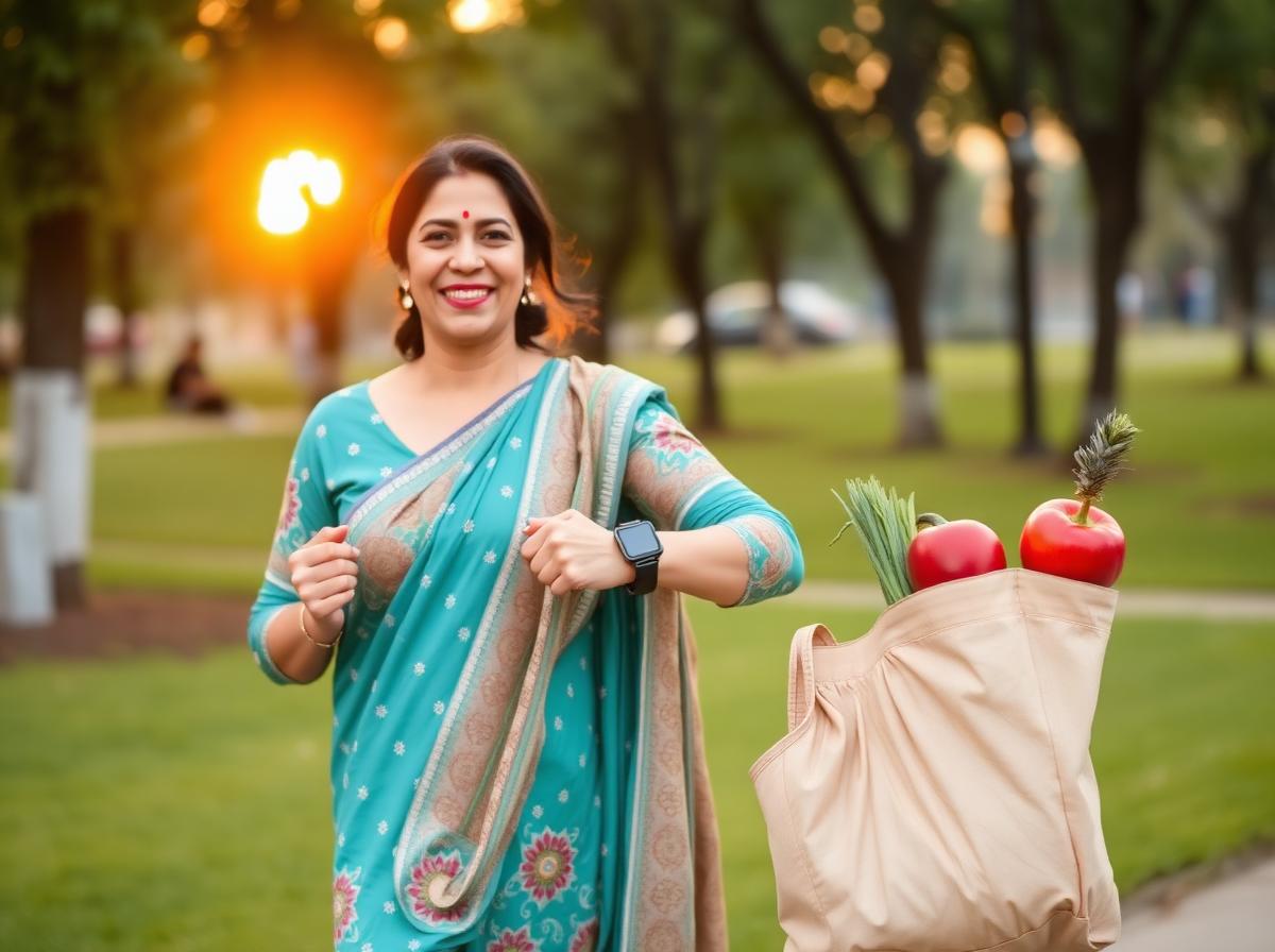 Woman walking in the park with fresh vegetables