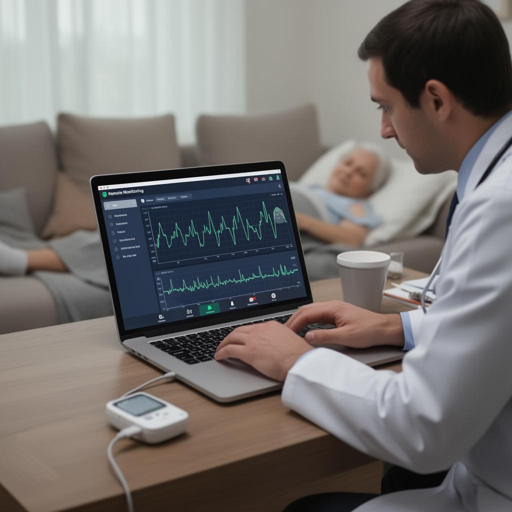 Doctor reviewing remote heart monitoring data on laptop