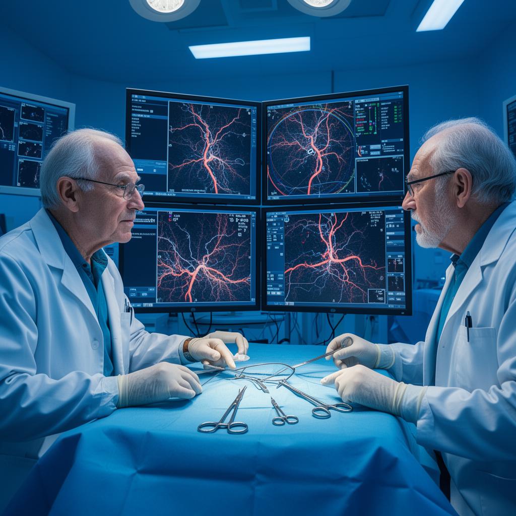 Two cardiologists planning a complex CTO case at cathlab screens