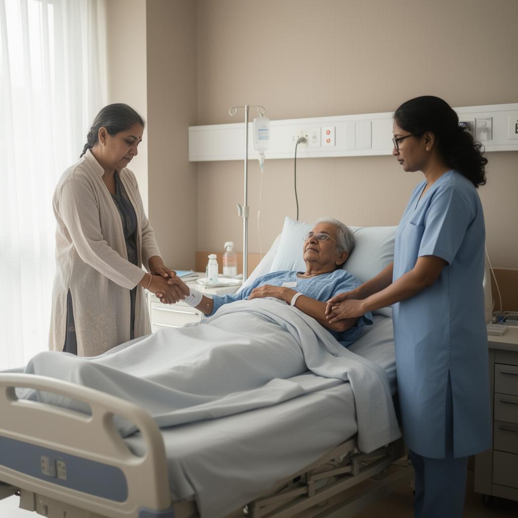 Patient resting in private room with family after complex PCI
