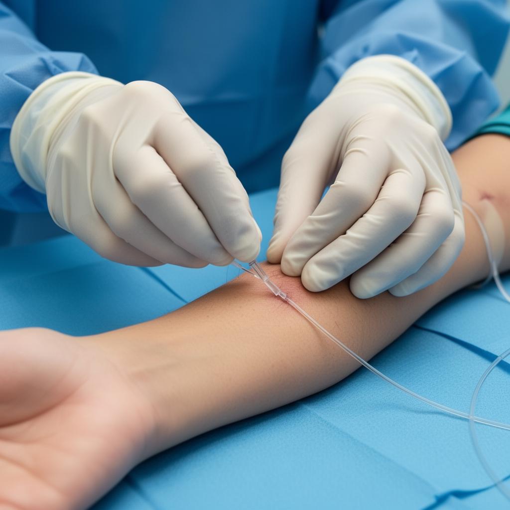 Cardiologist inserting catheter through patient's wrist (radial access)