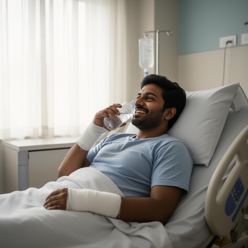 Patient resting comfortably with wrist bandage after angiography