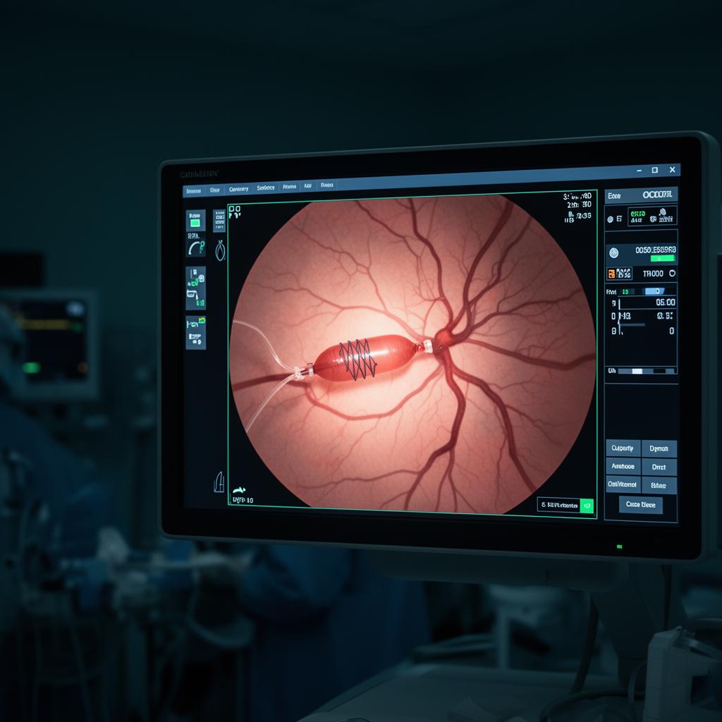 Cathlab monitor showing stent deployment in a coronary artery