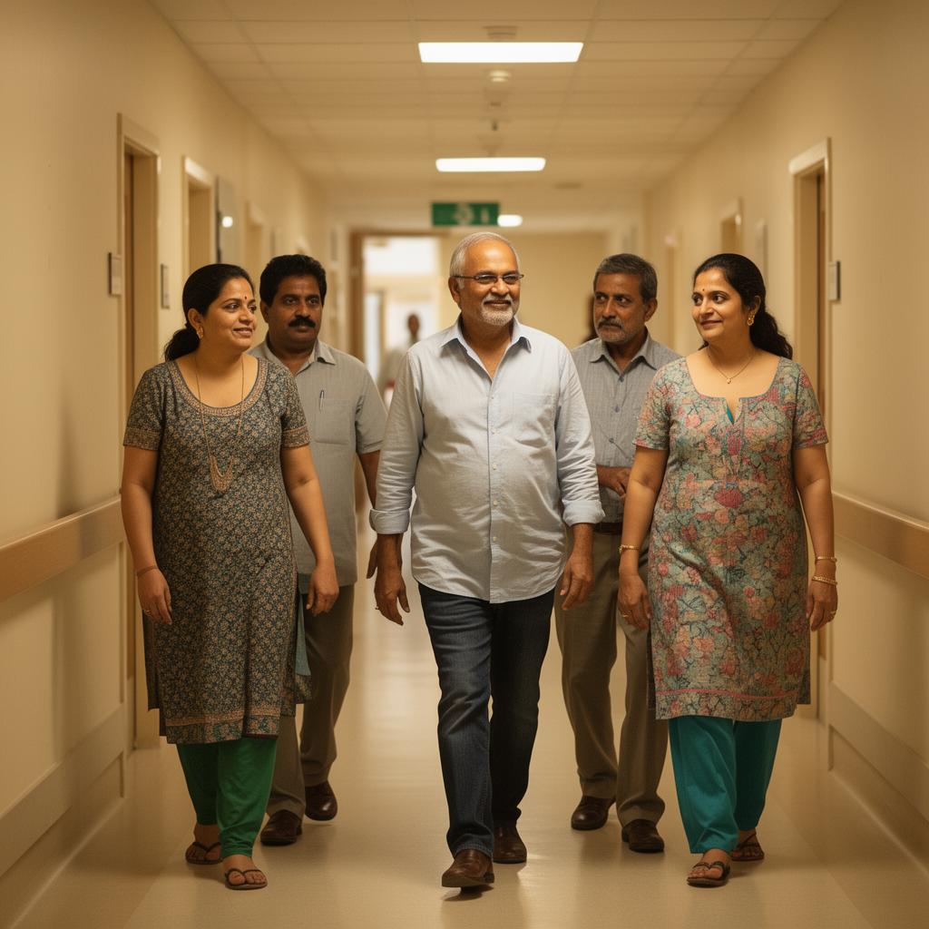 Patient walking with family in hospital corridor the day after angioplasty