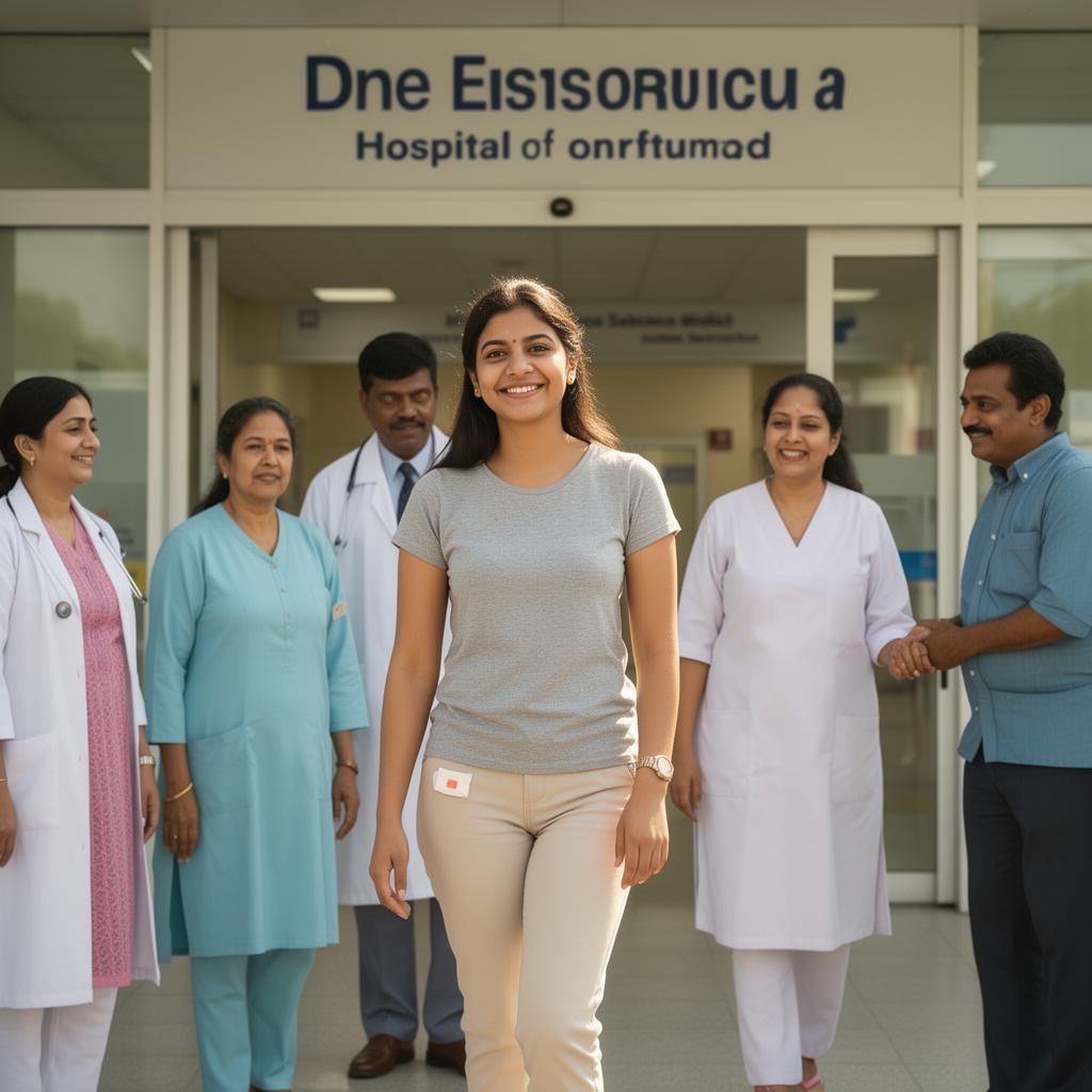 Young patient walking out of hospital with family after device closure