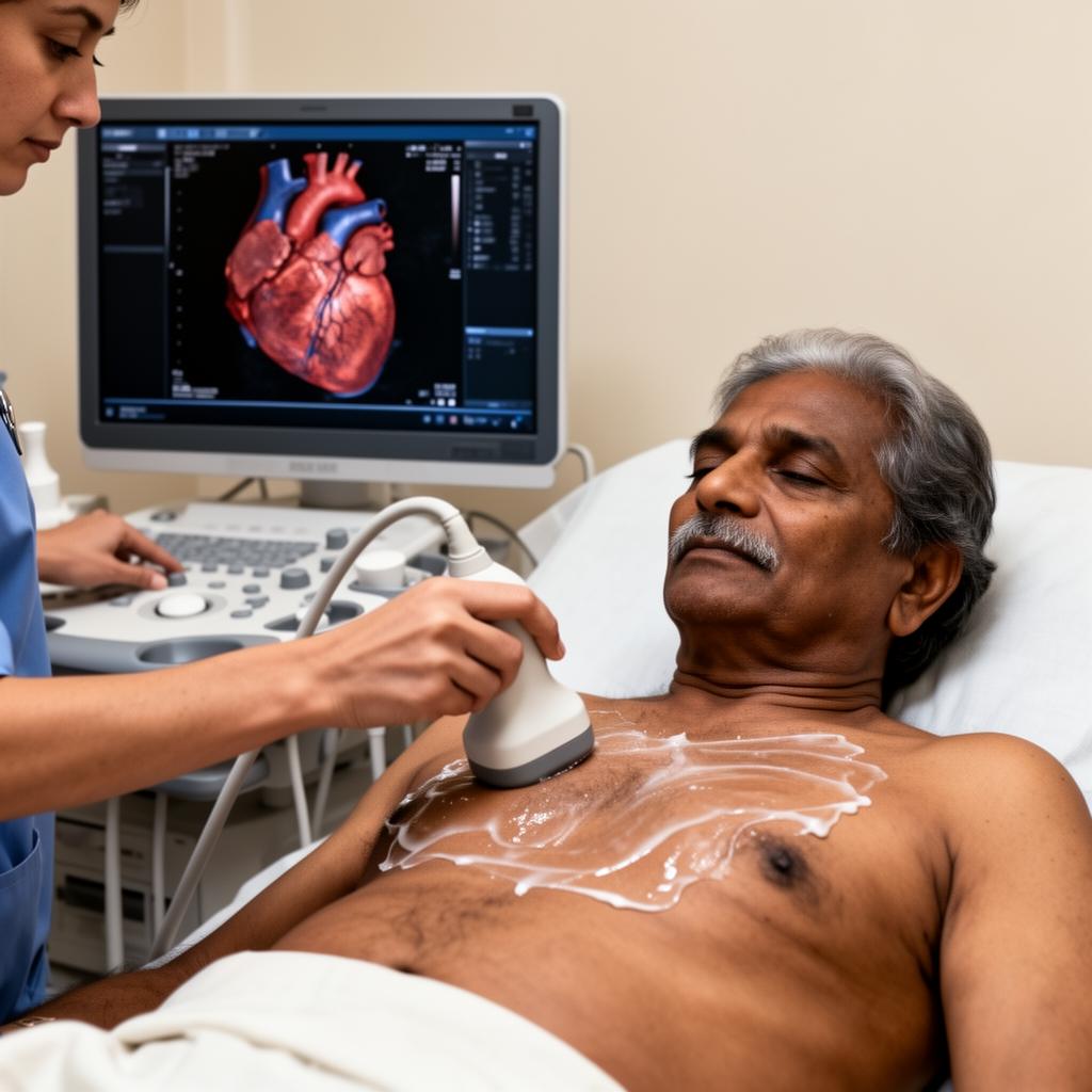 Sonographer scanning patient's chest with echo probe