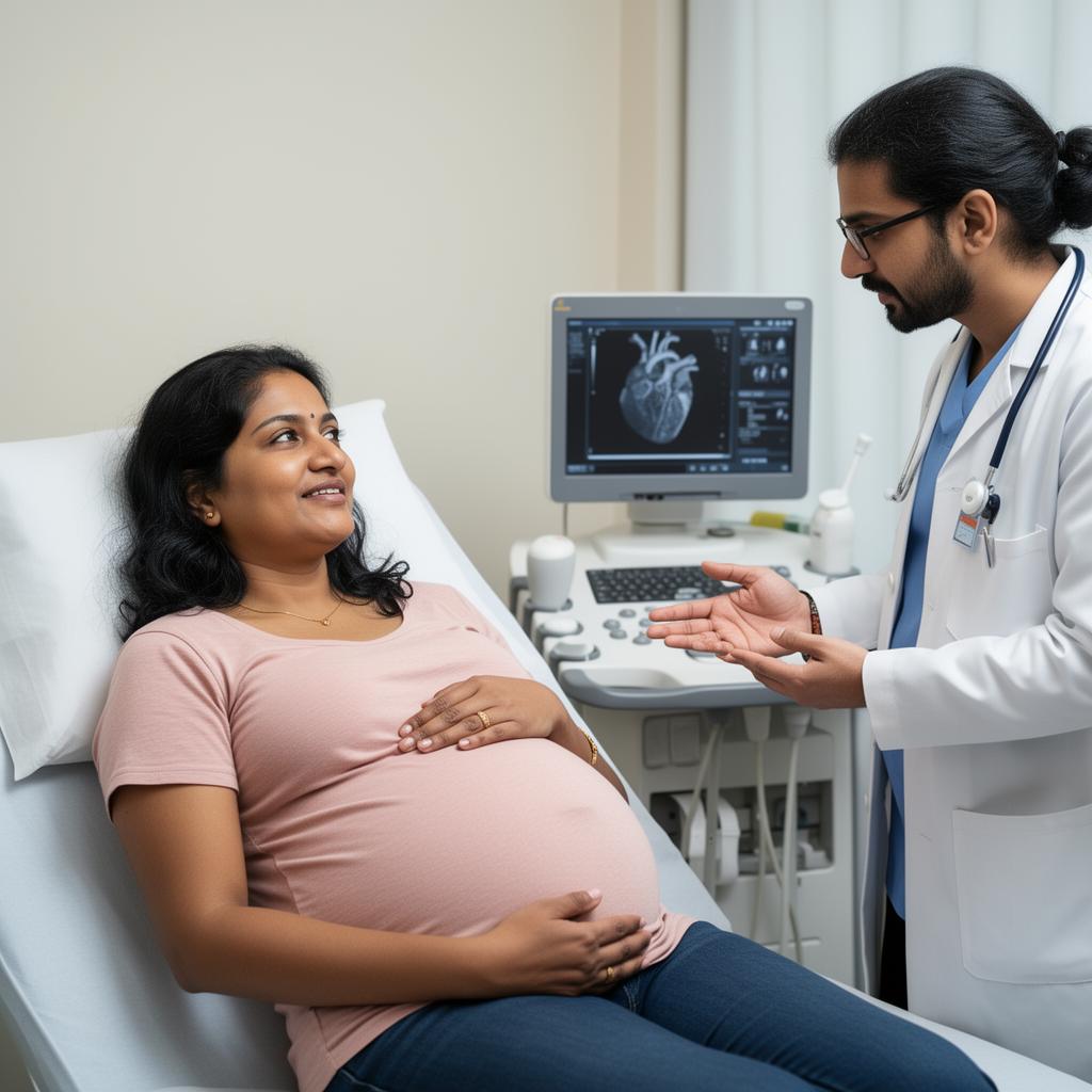 Pregnant woman reviewing echo report with cardiologist