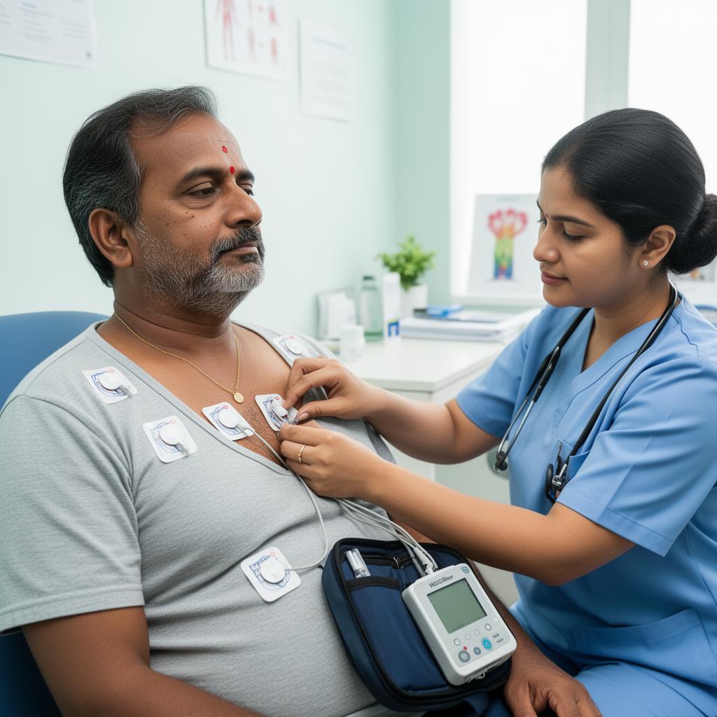 Nurse attaching ECG electrodes for Holter monitoring