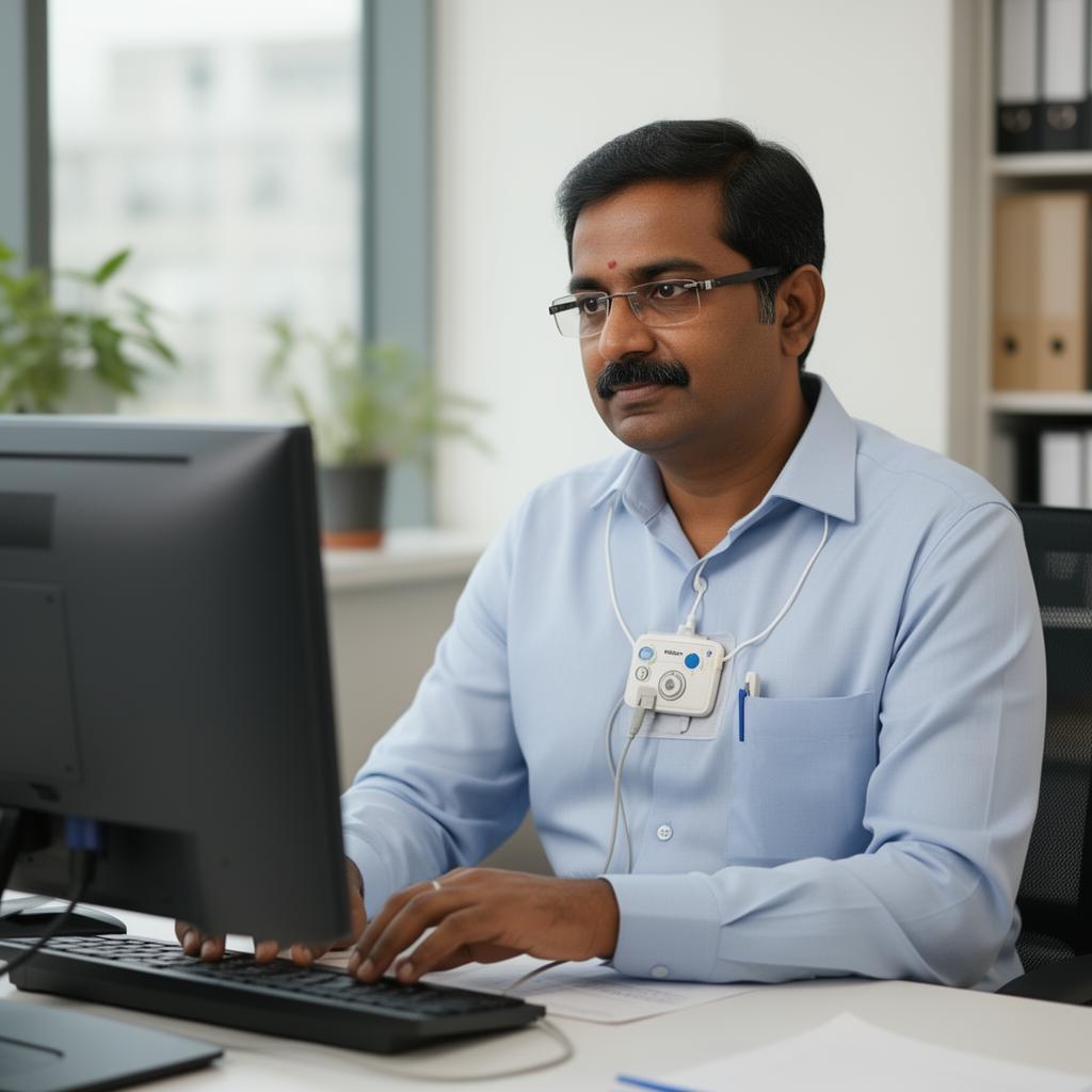 Businessman working at office while wearing Holter monitor