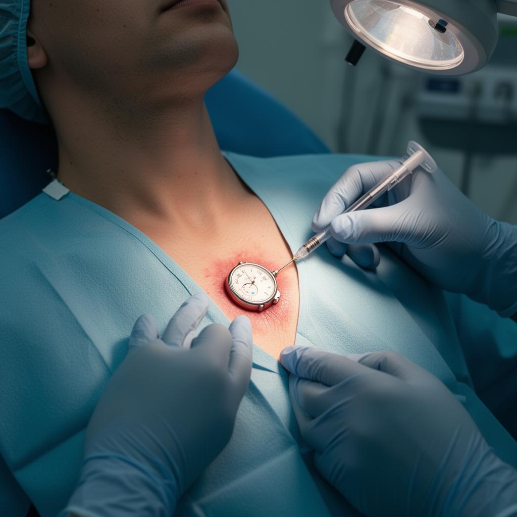 Surgeon implanting pacemaker through small incision below collarbone