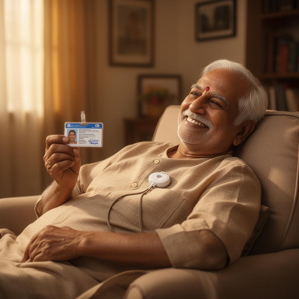 Elderly patient at home holding pacemaker ID card