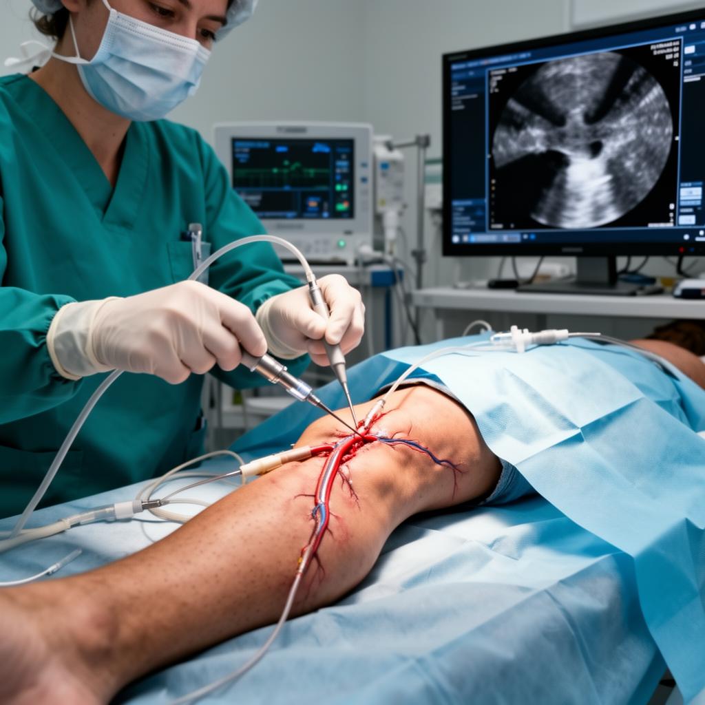 Cardiologist performing peripheral angioplasty on leg artery