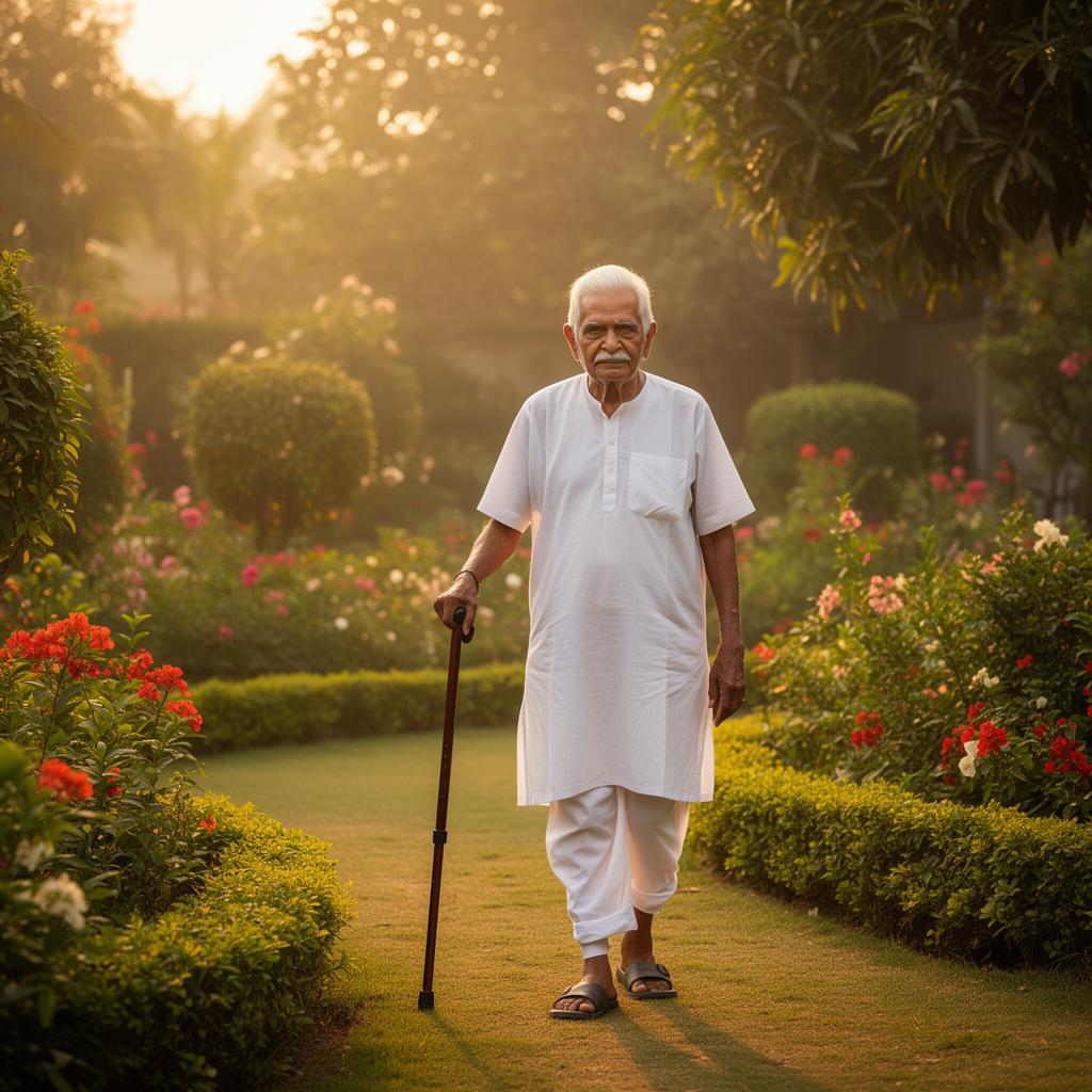 Elderly patient walking comfortably in garden at sunset