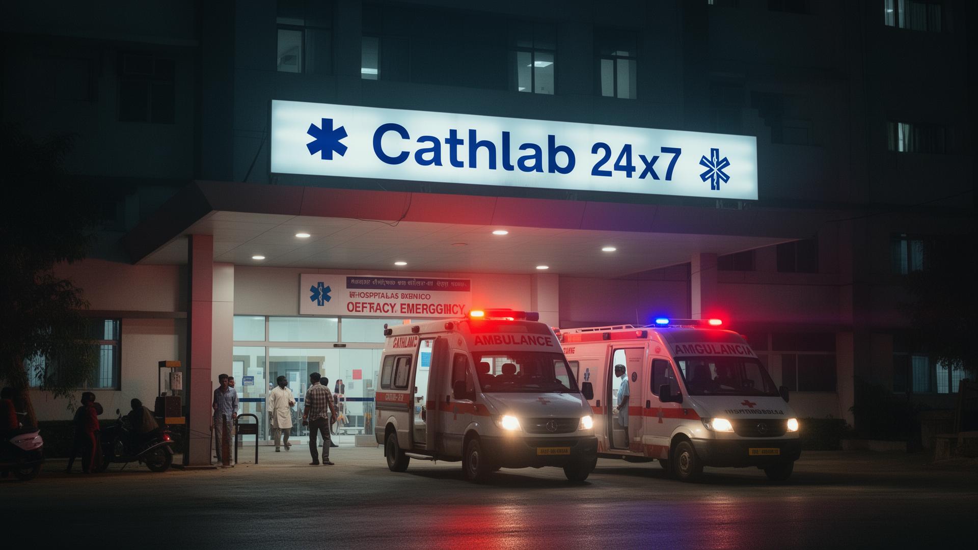 Hospital emergency entrance at night with ambulances