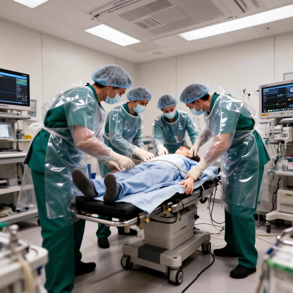 Cathlab team activating around patient during emergency heart attack
