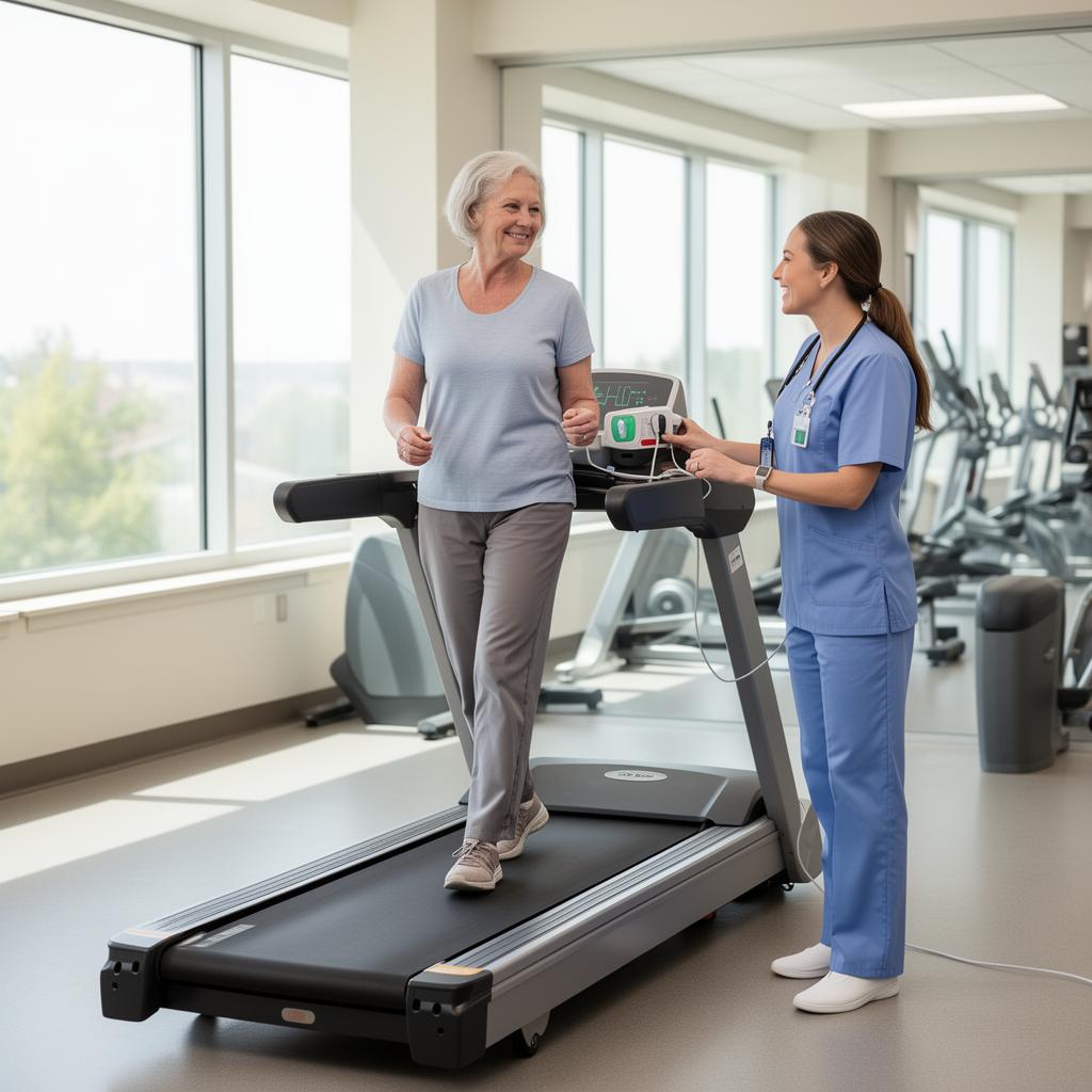 Patient on cardiac rehab treadmill with nurse monitoring