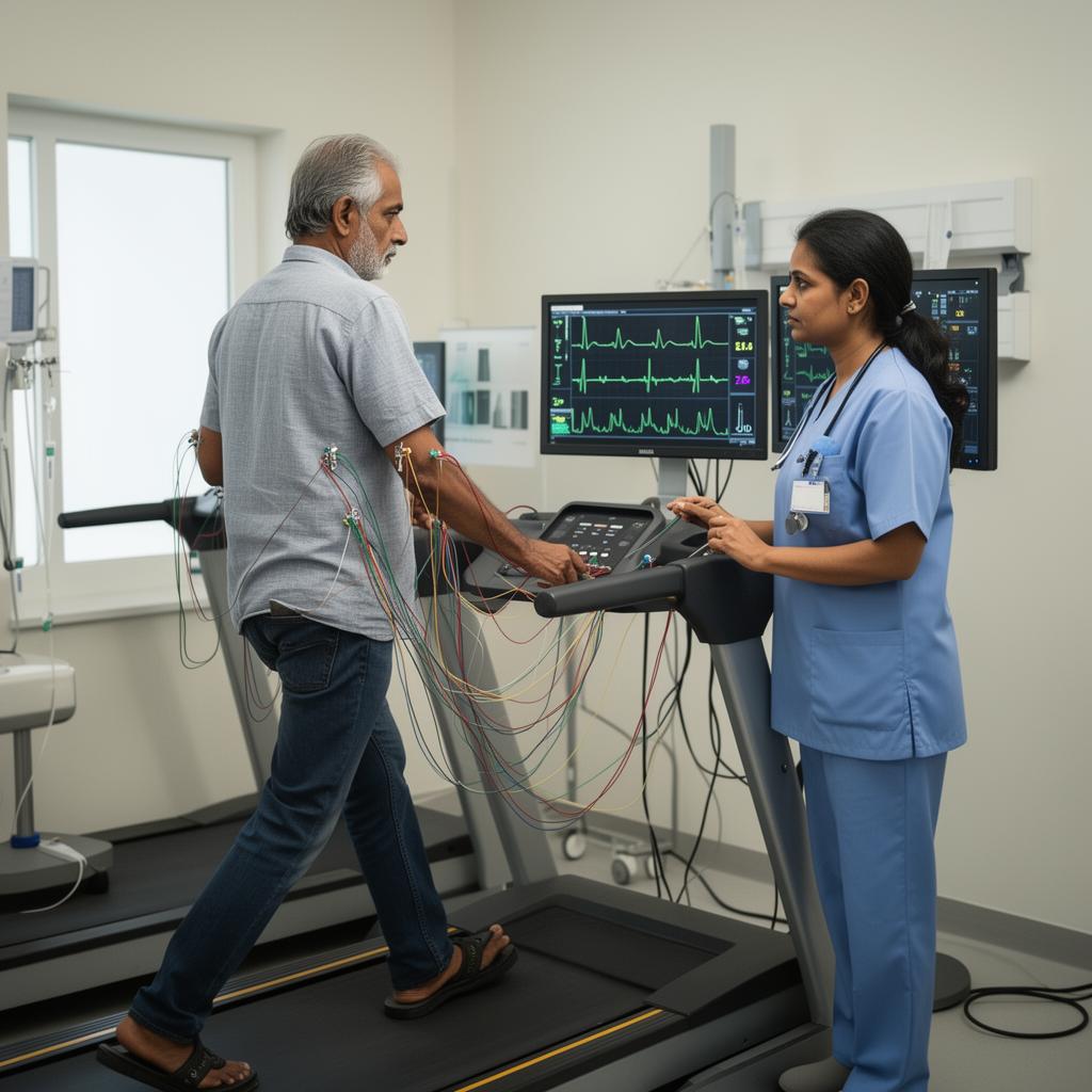 Patient walking on treadmill with ECG leads during stress test