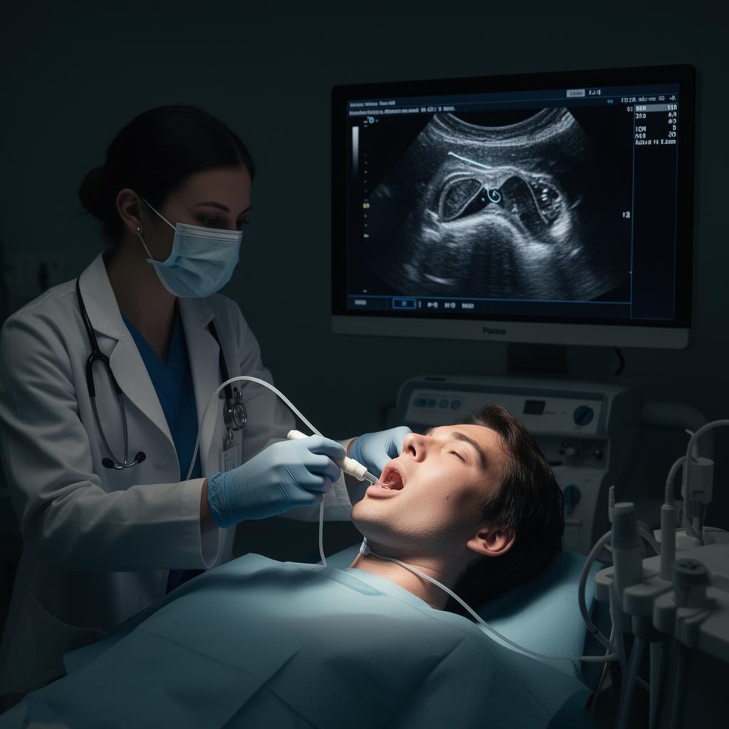 Cardiologist performing TEE on sedated patient